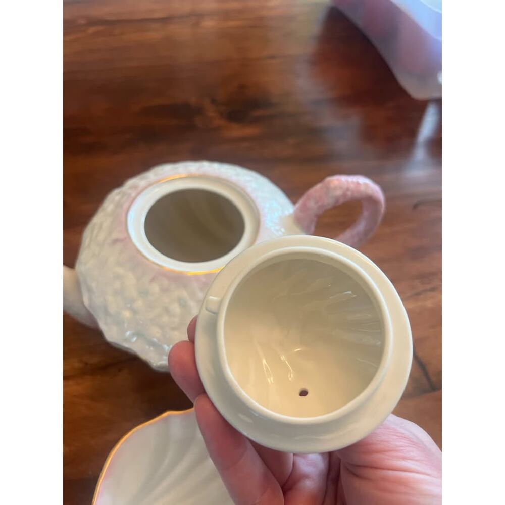 Vintage 3 Piece Belleek Tea Set Pink Neptune with Seashell Conches - Picture 5 of 7